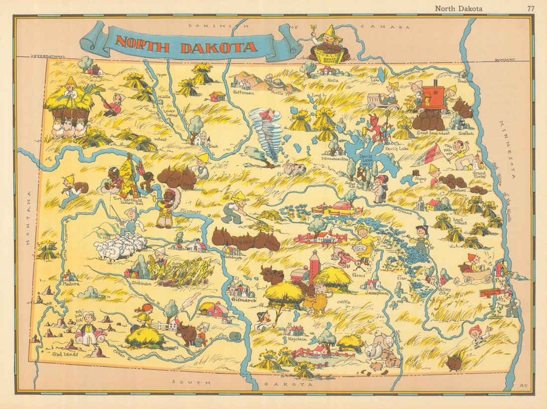 North Dakota. Pictorial state map by Ruth Taylor White 1935 old vintage: Title: North Dakota. Pictorial state map by Ruth Taylor White 1935 old vintage Description: North Dakota' by Taylor White, Ruth. Published 1935. Vintage colour pictorial map. The buyer should aware be