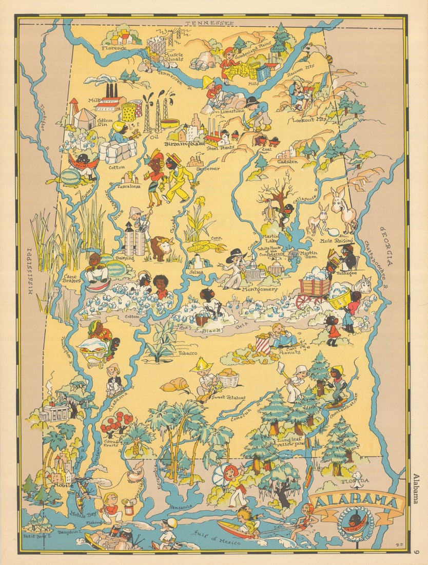 Alabama. Pictorial state map by Ruth Taylor White 1935 old vintage chart (1 of 1)