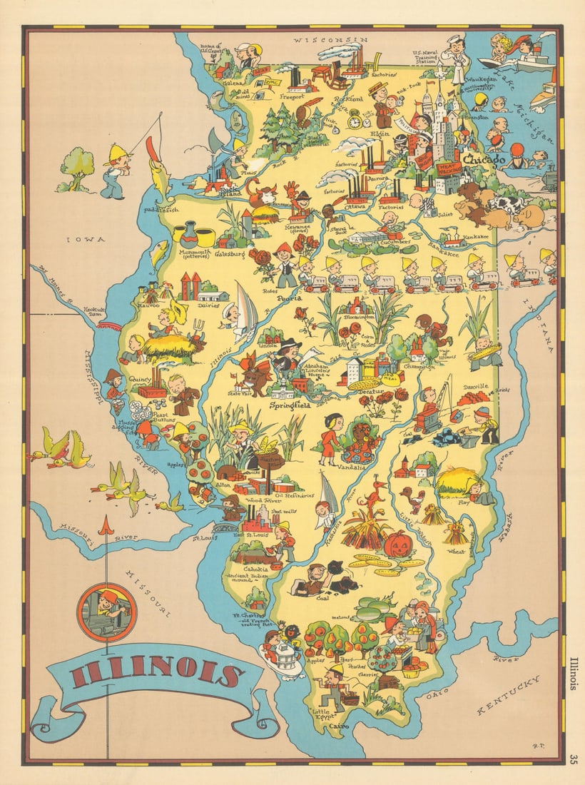 Illinois. Pictorial state map by Ruth Taylor White 1935 old vintage chart (1 of 1)