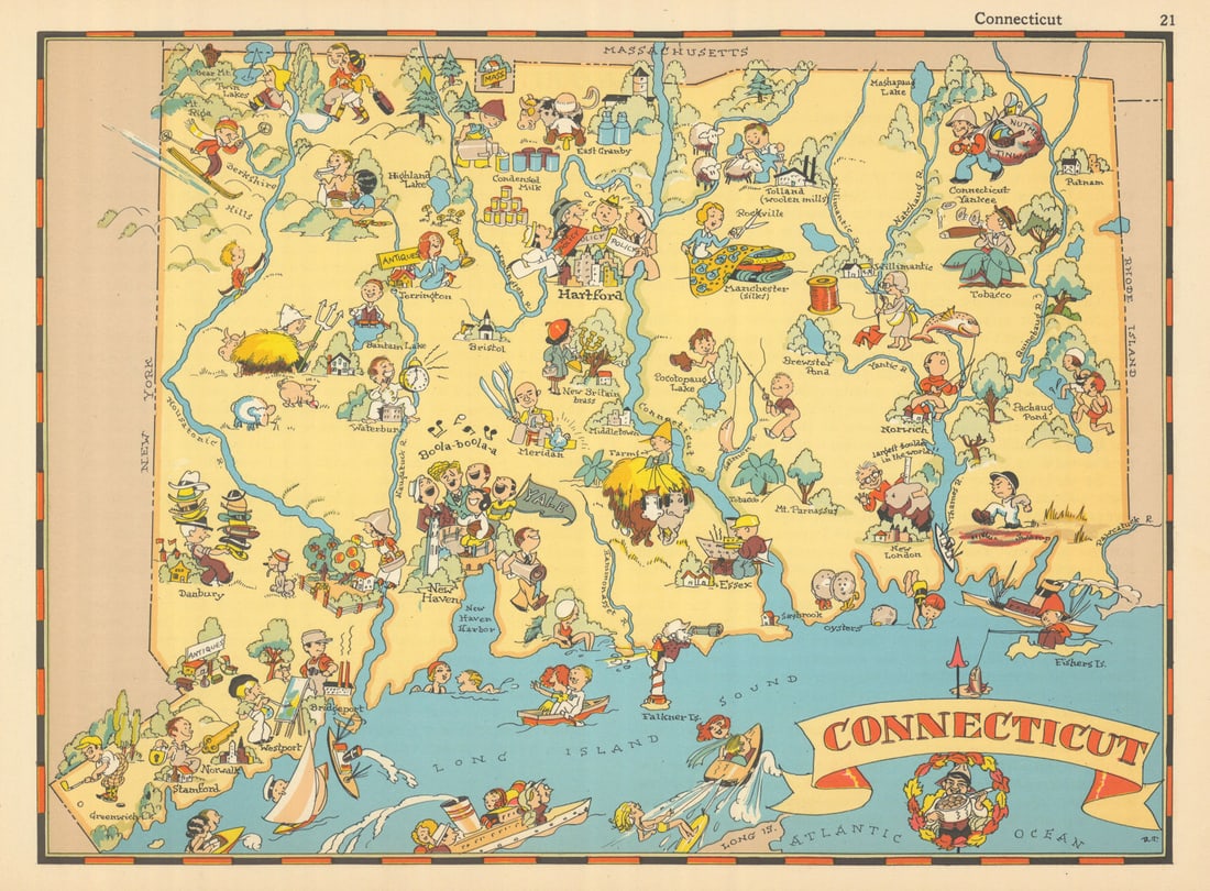 Connecticut. Pictorial state map by Ruth Taylor White 1935 old vintage (1 of 1)