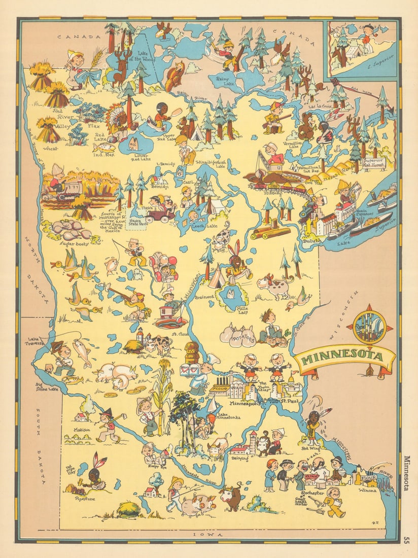 Minnesota. Pictorial state map by Ruth Taylor White 1935 old vintage chart (1 of 1)