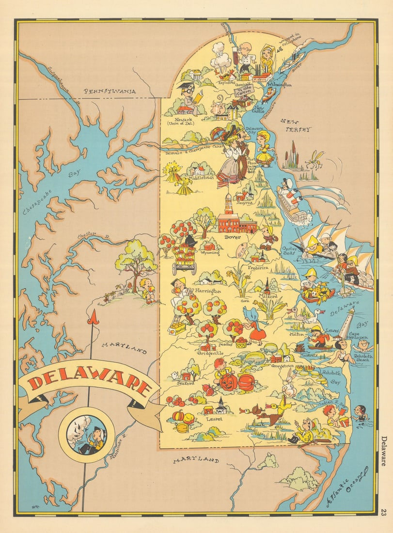 Delaware. Pictorial state map by Ruth Taylor White 1935 old vintage chart (1 of 1)