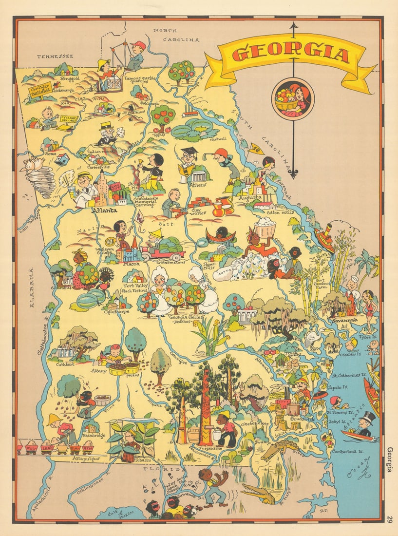 Georgia. Pictorial state map by Ruth Taylor White 1935 old vintage chart: Title: Georgia. Pictorial state map by Ruth Taylor White 1935 old vintage chart Description: Georgia' by Taylor White, Ruth. Published 1935. Vintage colour pictorial map. The buyer should aware be