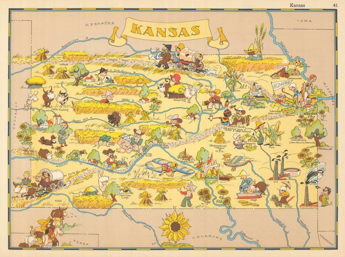 Kansas. Pictorial state map by Ruth Taylor White 1935 old vintage chart: Title: Kansas. Pictorial state map by Ruth Taylor White 1935 old vintage chart Description: Kansas' by Taylor White, Ruth. Published 1935. Vintage colour pictorial map. The buyer should aware be that