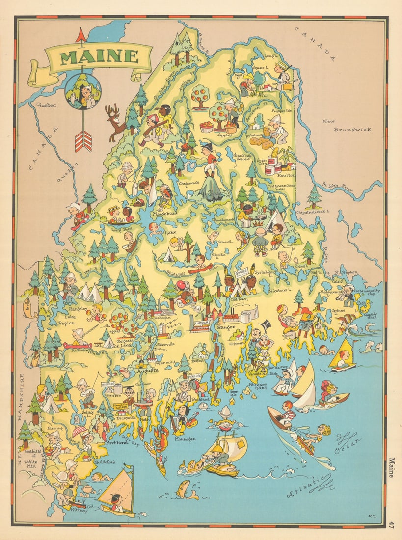 Maine. Pictorial state map by Ruth Taylor White 1935 old vintage chart (1 of 1)