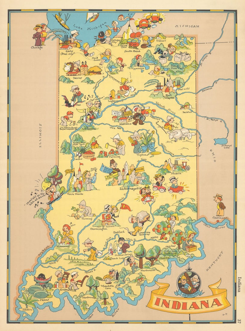 Indiana. Pictorial state map by Ruth Taylor White 1935 old vintage chart (1 of 1)