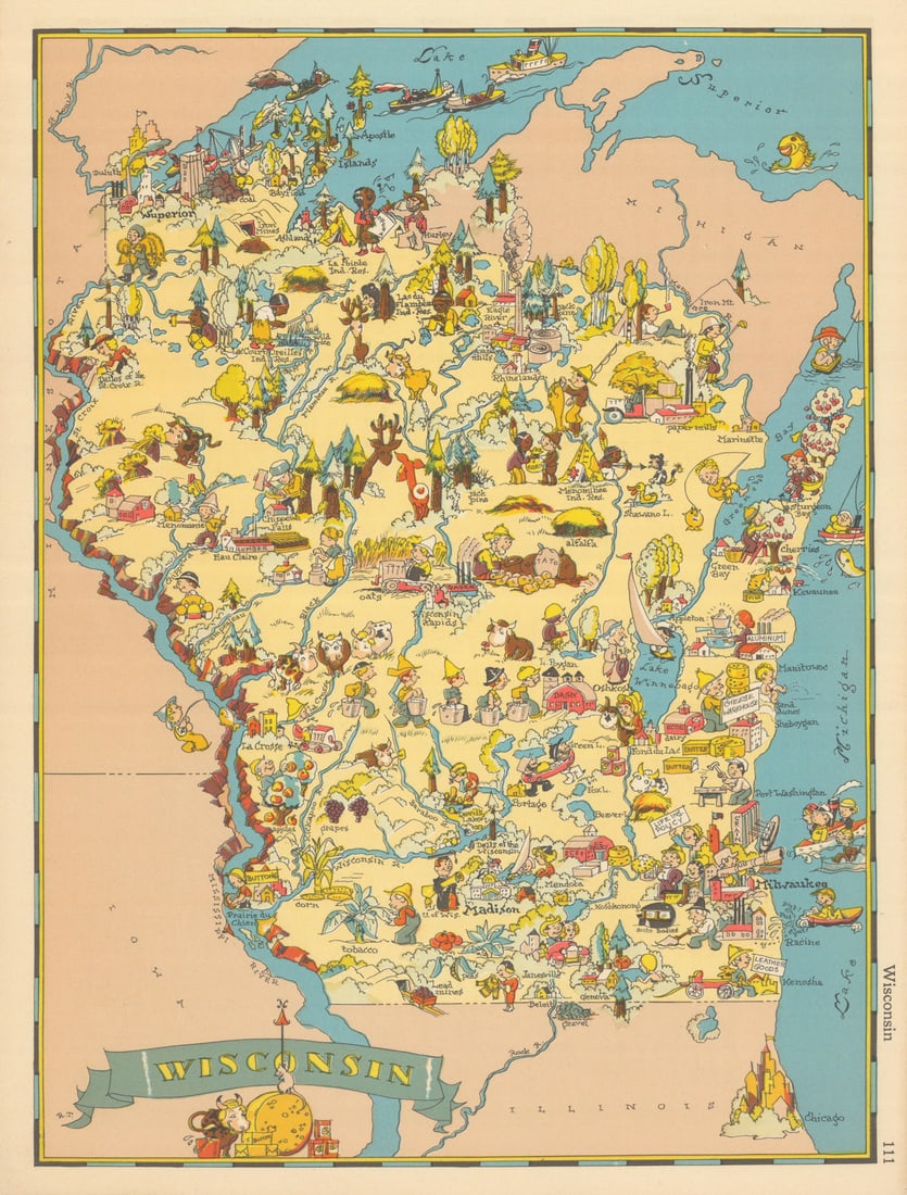 Wisconsin. Pictorial state map by Ruth Taylor White 1935 old vintage chart (1 of 1)