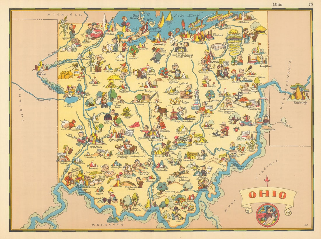 Ohio. Pictorial state map by Ruth Taylor White 1935 old vintage plan chart (1 of 1)