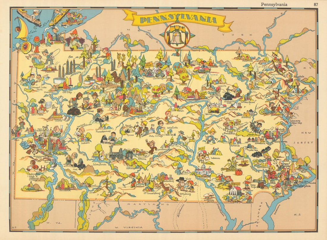 Pennsylvania. Pictorial state map by Ruth Taylor White 1935 old vintage (1 of 1)