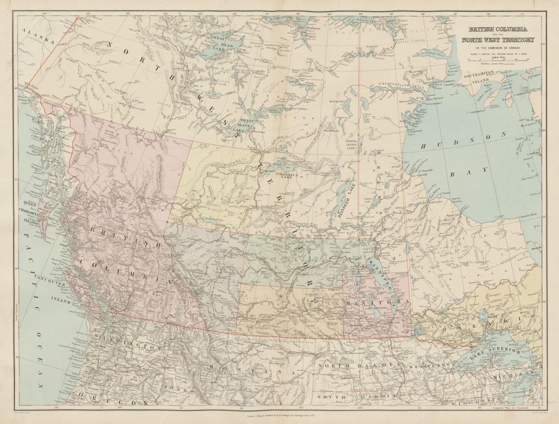 British Columbia & Northwest Territory. Manitoba Canada. STANFORD 1896 old map (1 of 1)