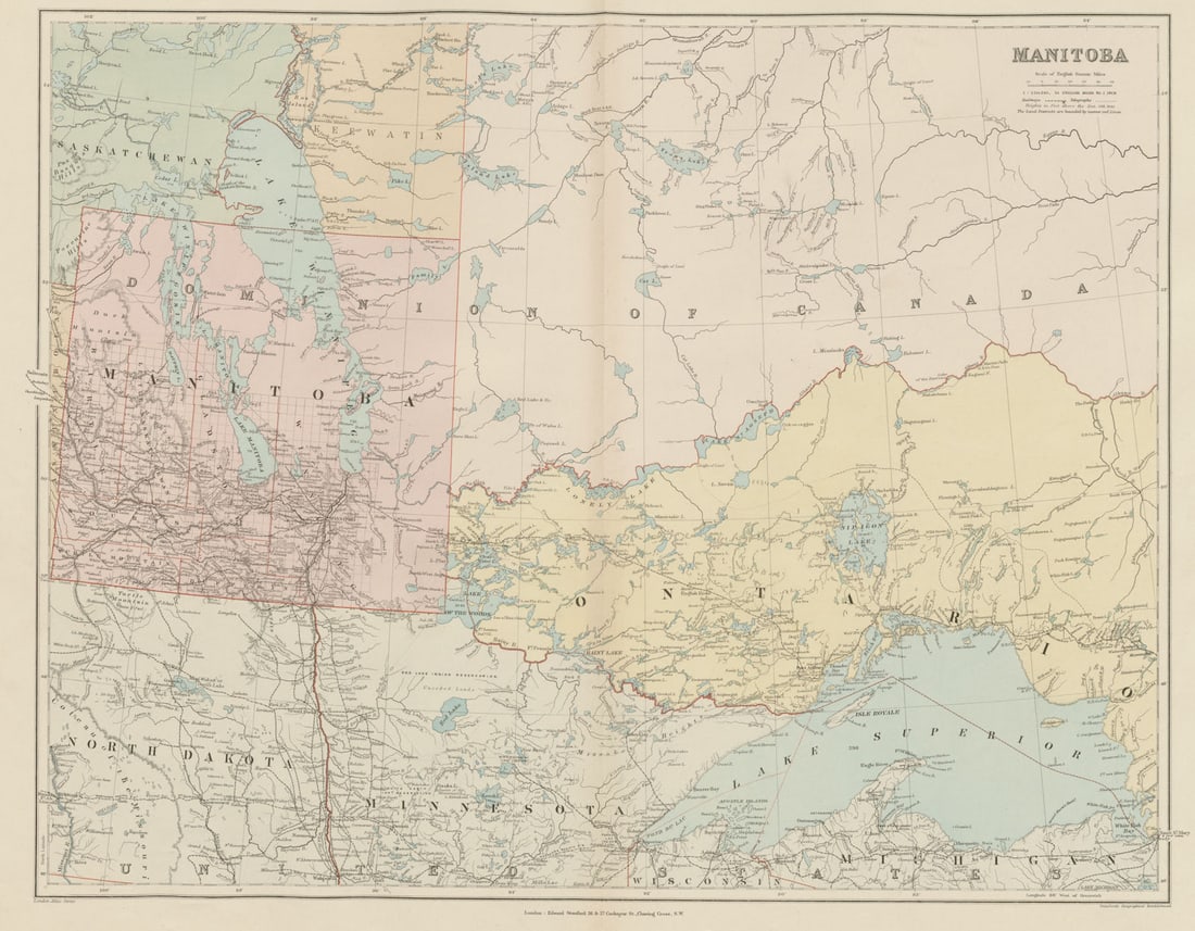 Manitoba "postage stamp province" District of Keewatin Canada. STANFORD 1896 map (1 of 1)