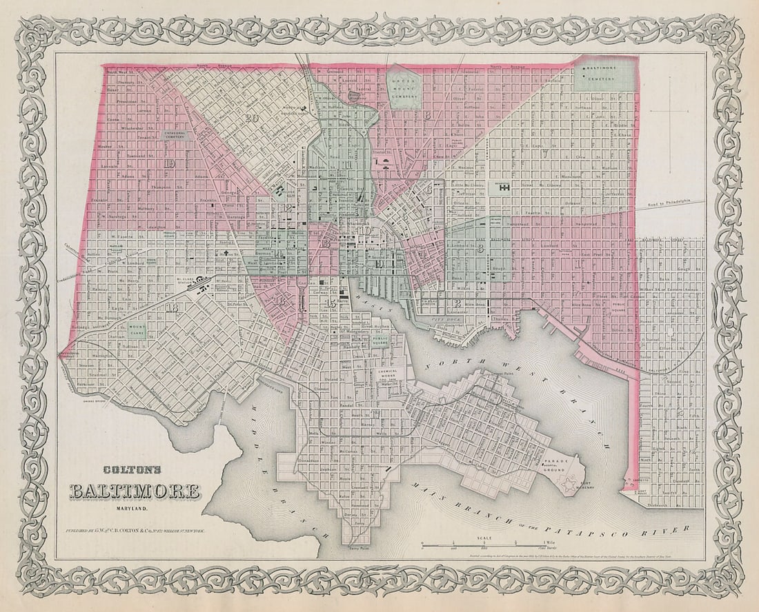 Colton's City of Baltimore, Maryland. Decorative antique town plan 1869 map (1 of 1)