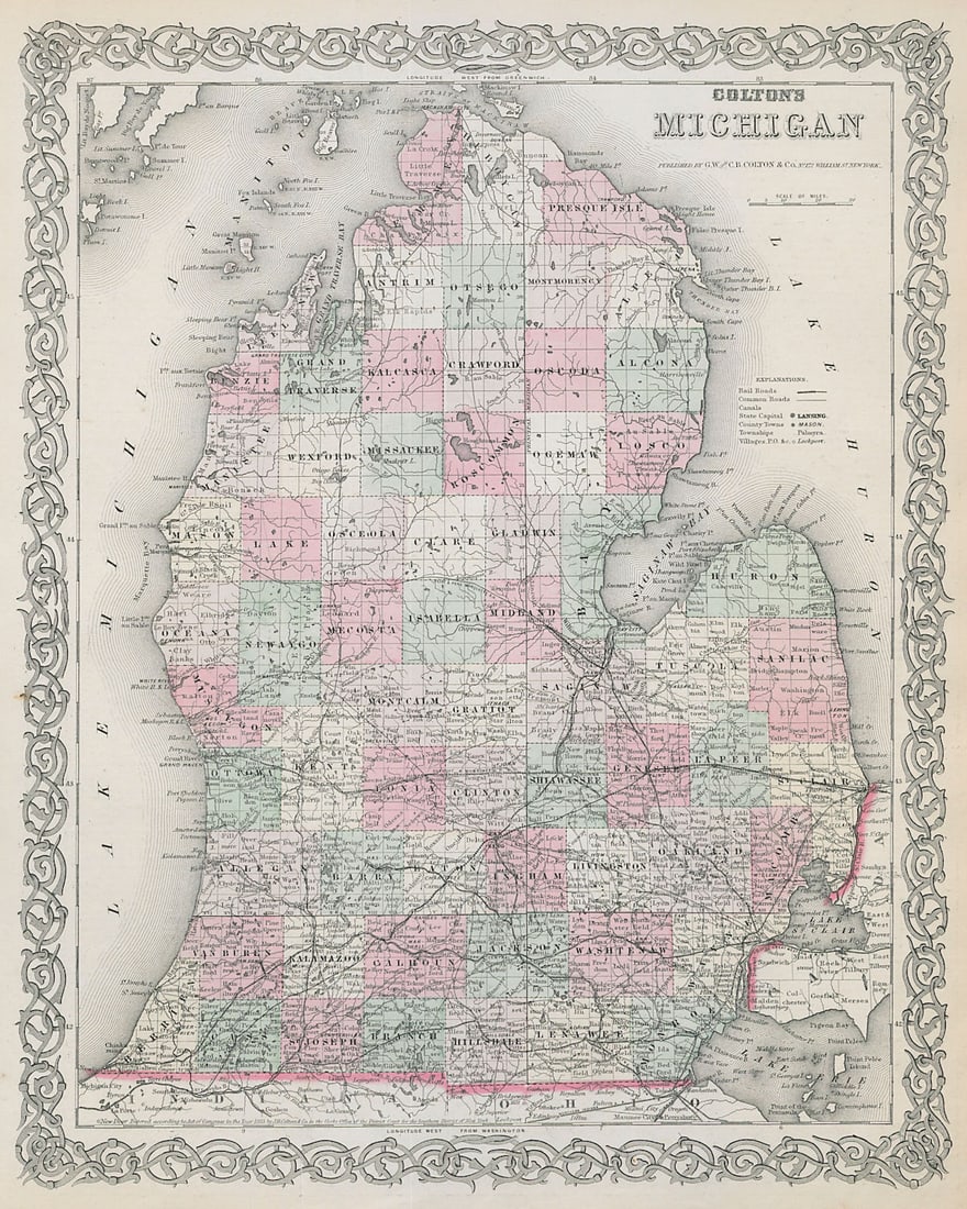 Colton's Michigan. Decorative antique US state map 1869 old chart (1 of 1)