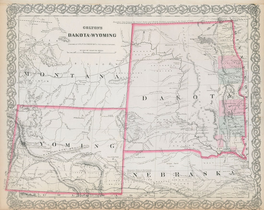 Colton's Dakota & Wyoming. Decorative antique US state map 1869 old (1 of 1)