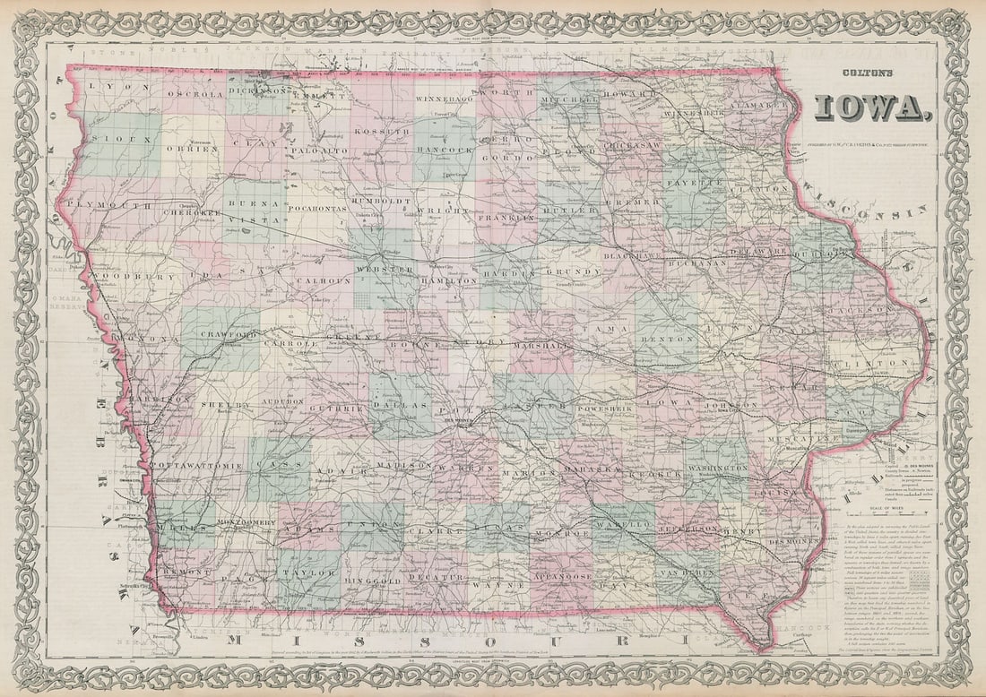 Colton's Iowa. Decorative antique US state map 1869 old plan chart (1 of 1)