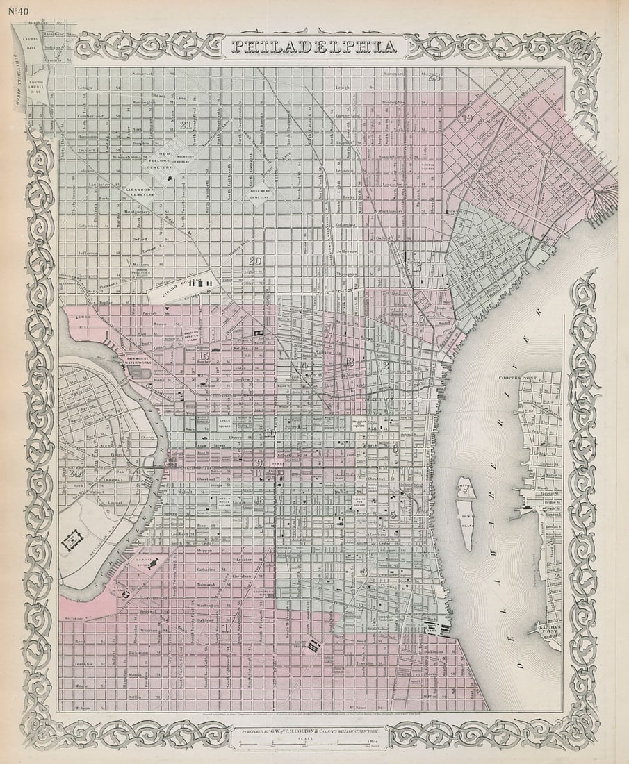Philadelphia decorative antique town city plan. COLTON 1869 old map (1 of 1)