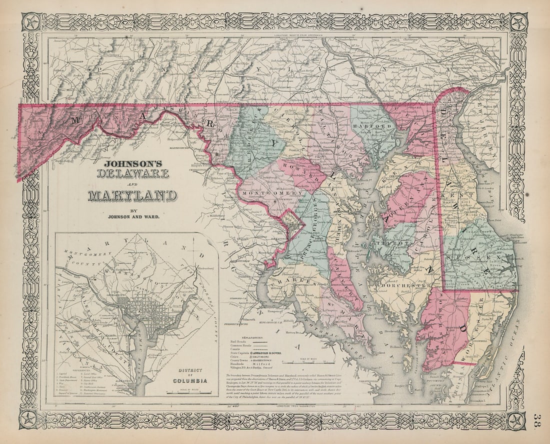 Johnson's Delaware, Maryland & District of Columbia. Counties 1865 old map (1 of 1)