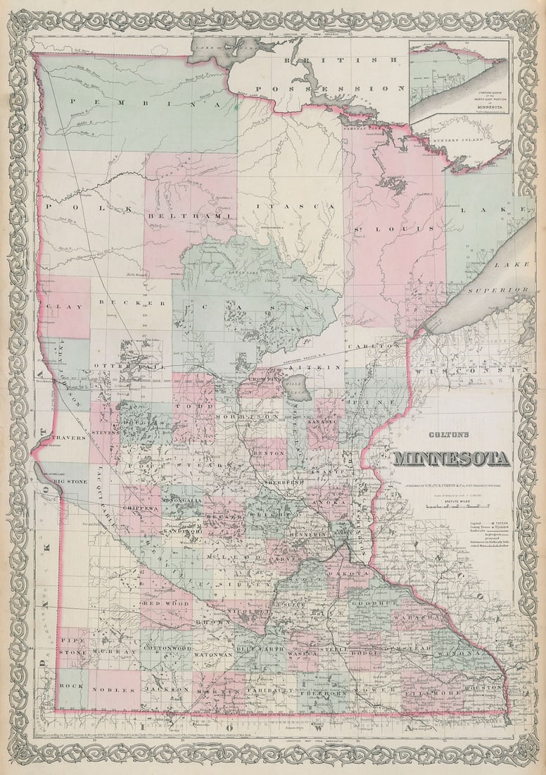 Colton's Minnesota. Decorative antique US state map 1869 old chart (1 of 1)