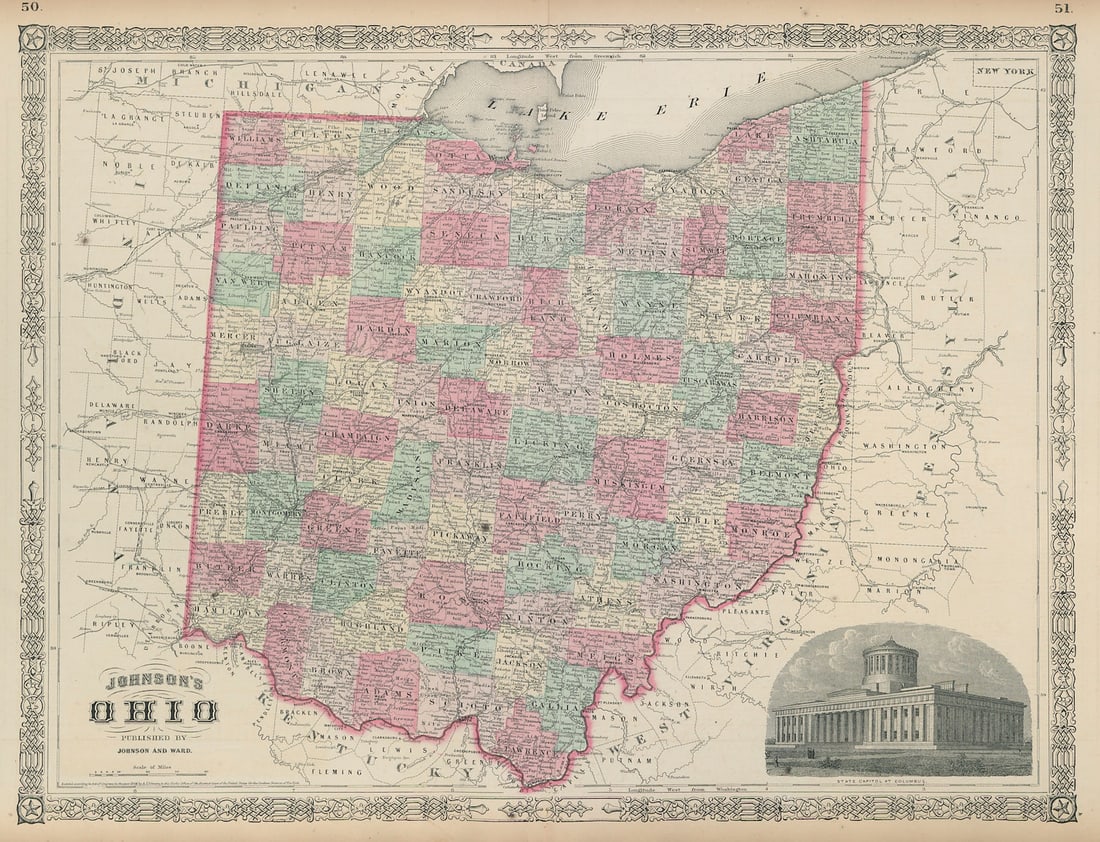 Johnson's Ohio. US state map showing counties 1865 old antique plan chart (1 of 1)