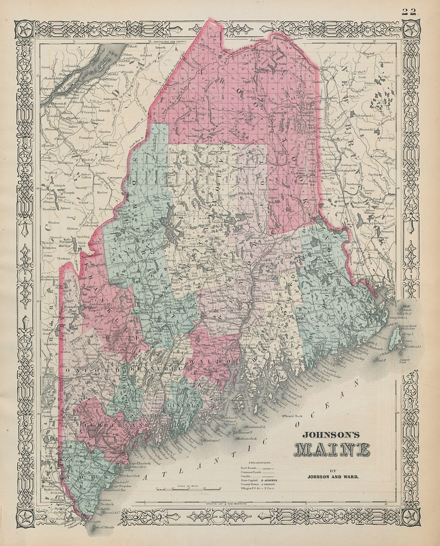 Johnson's Maine. US State map showing counties 1865 old antique plan chart (1 of 1)