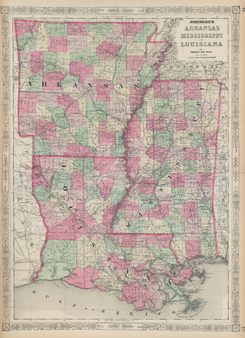 Johnson's Arkansas, Mississippi & Louisiana showing counties/parishes 1865 map (1 of 1)