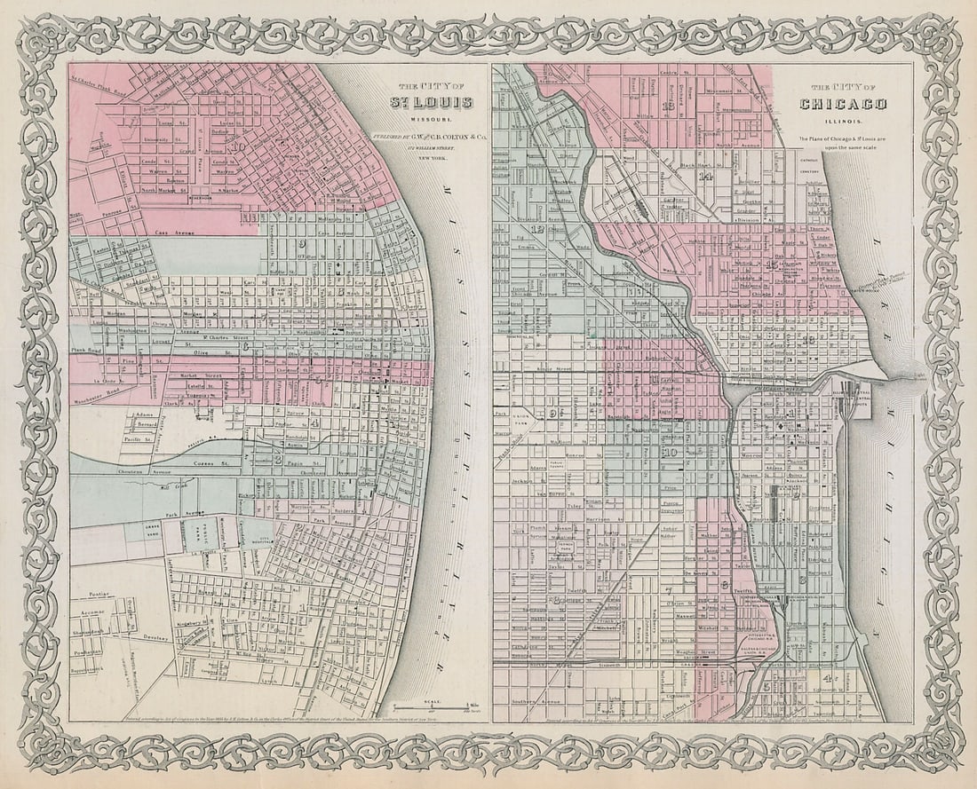 St Louis, Missouri & Chicago, Illinois antique town city plans. COLTON 1869 map (1 of 1)