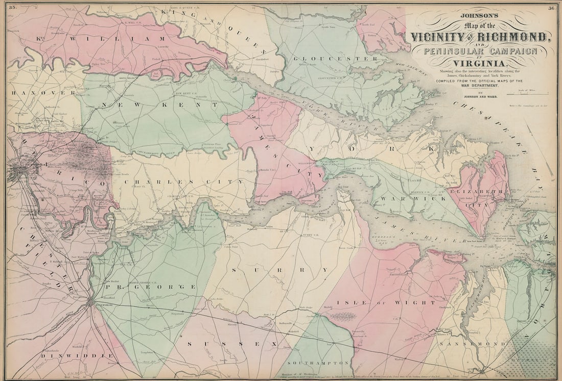 Vicinity of Richmond & Peninsular Campaign in Virginia. JOHNSON 1865 old map (1 of 1)
