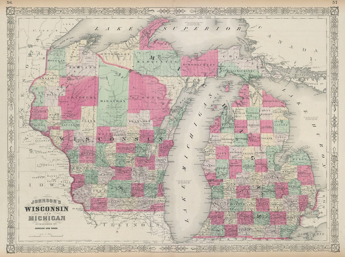 Johnson's Wisconsin & Michigan. State map showing counties. Great Lakes 1865 (1 of 1)