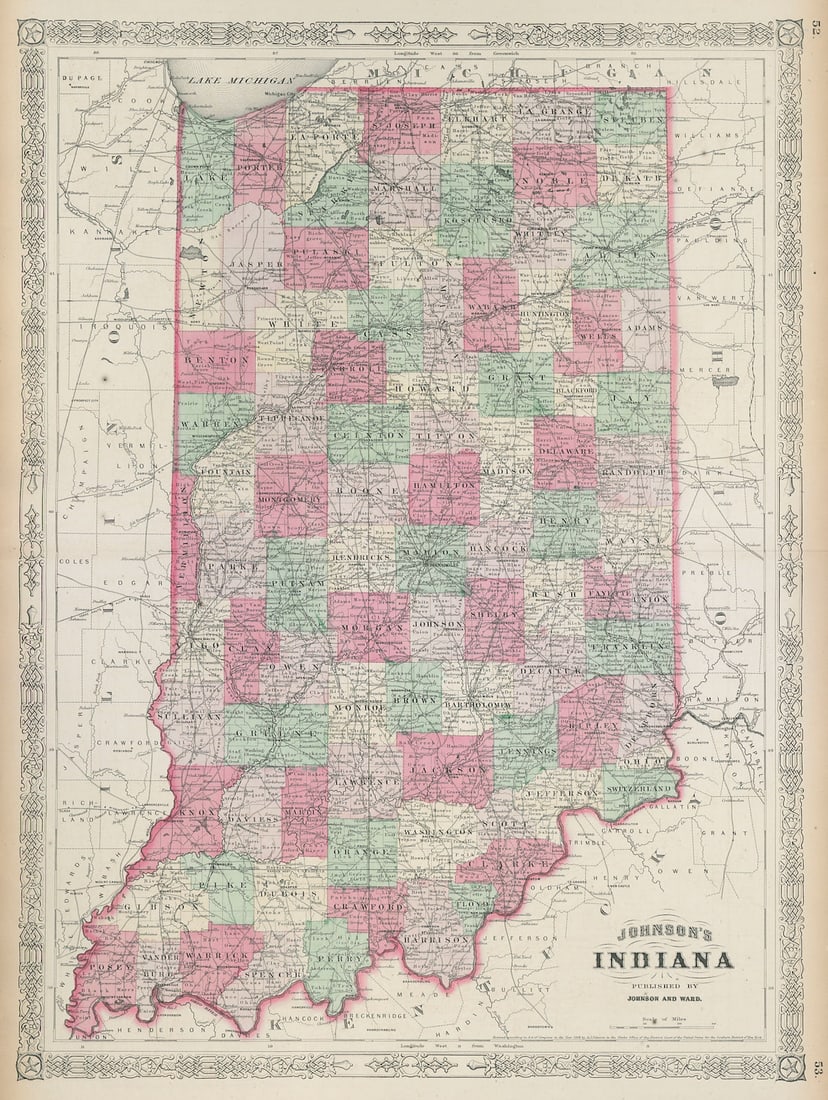 Johnson's Indiana. US state map showing counties 1865 old antique chart: Title: Johnson's Indiana. US state map showing counties 1865 old antique chart Description: Johnson's Indiana' by Johnson, Alvin Jewett. Published 1865. Large, decorative hand coloured 19th century at