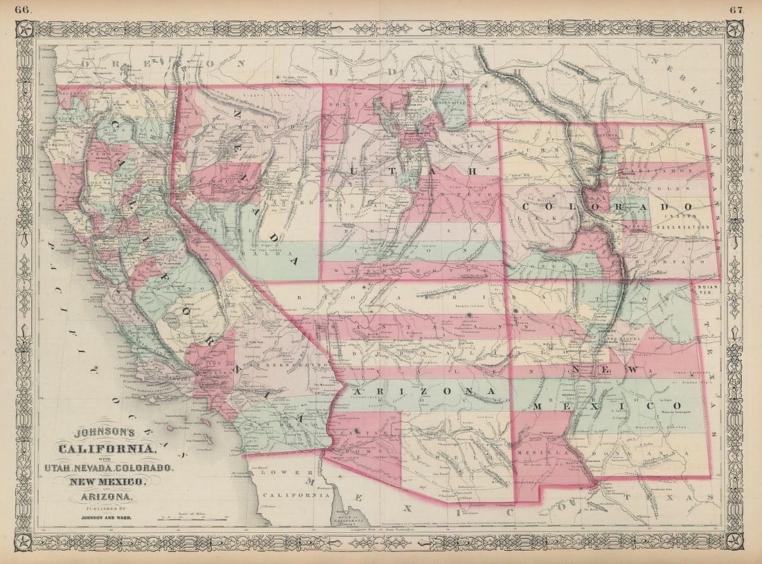 Johnson's California with Utah, Nevada, Colorado, New Mexico & Arizona 1865 map (1 of 1)
