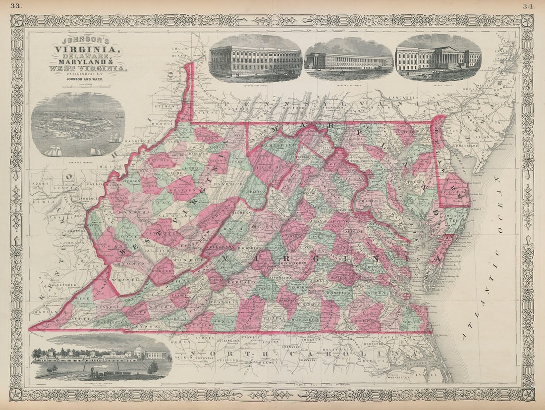 Johnson's Virginia, Delaware, Maryland & West Virginia. Counties 1865 old map (1 of 1)