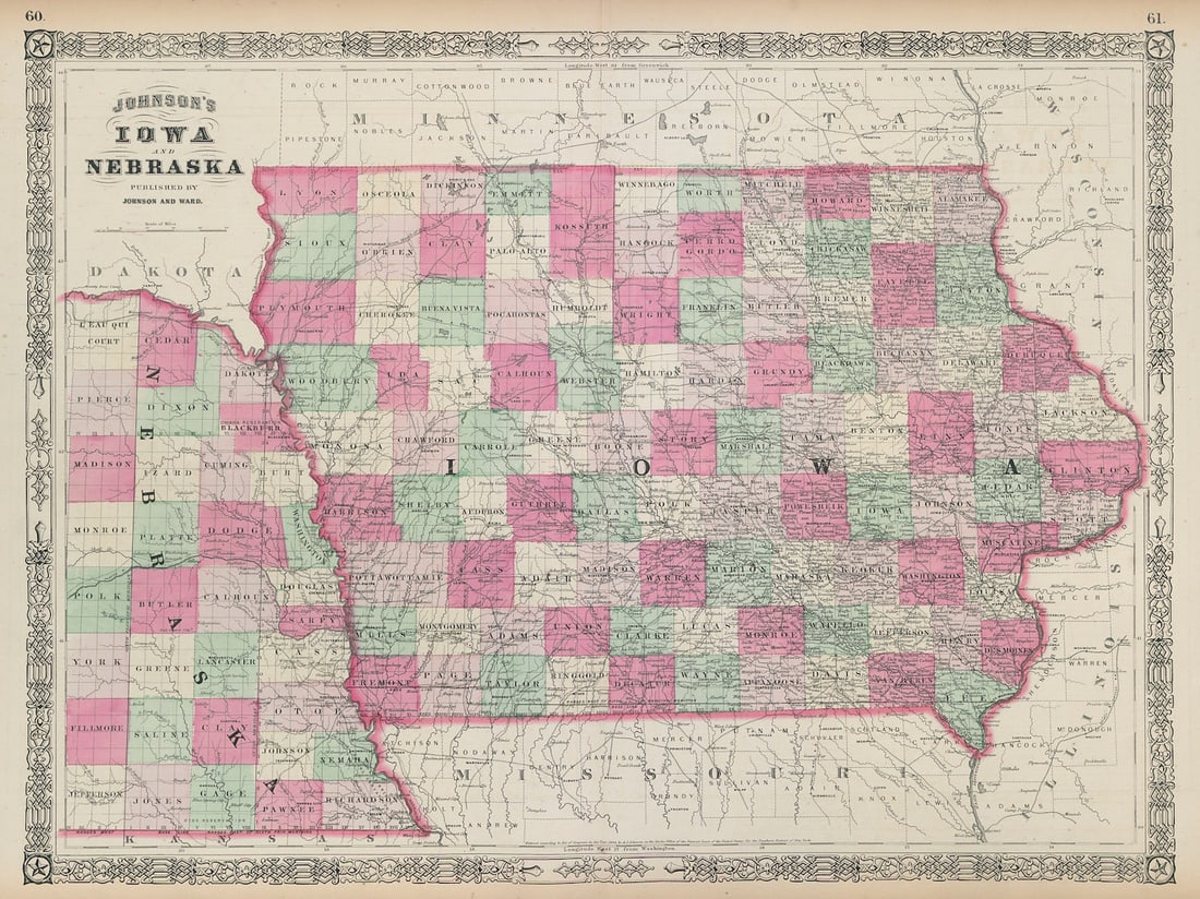 Johnson's Iowa & Nebraska. US state map showing counties 1865 old antique (1 of 1)