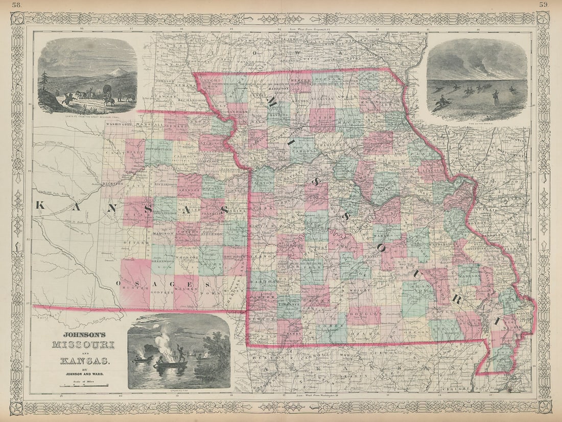 Johnson's Missouri & Kansas. US state map showing counties 1865 old (1 of 1)