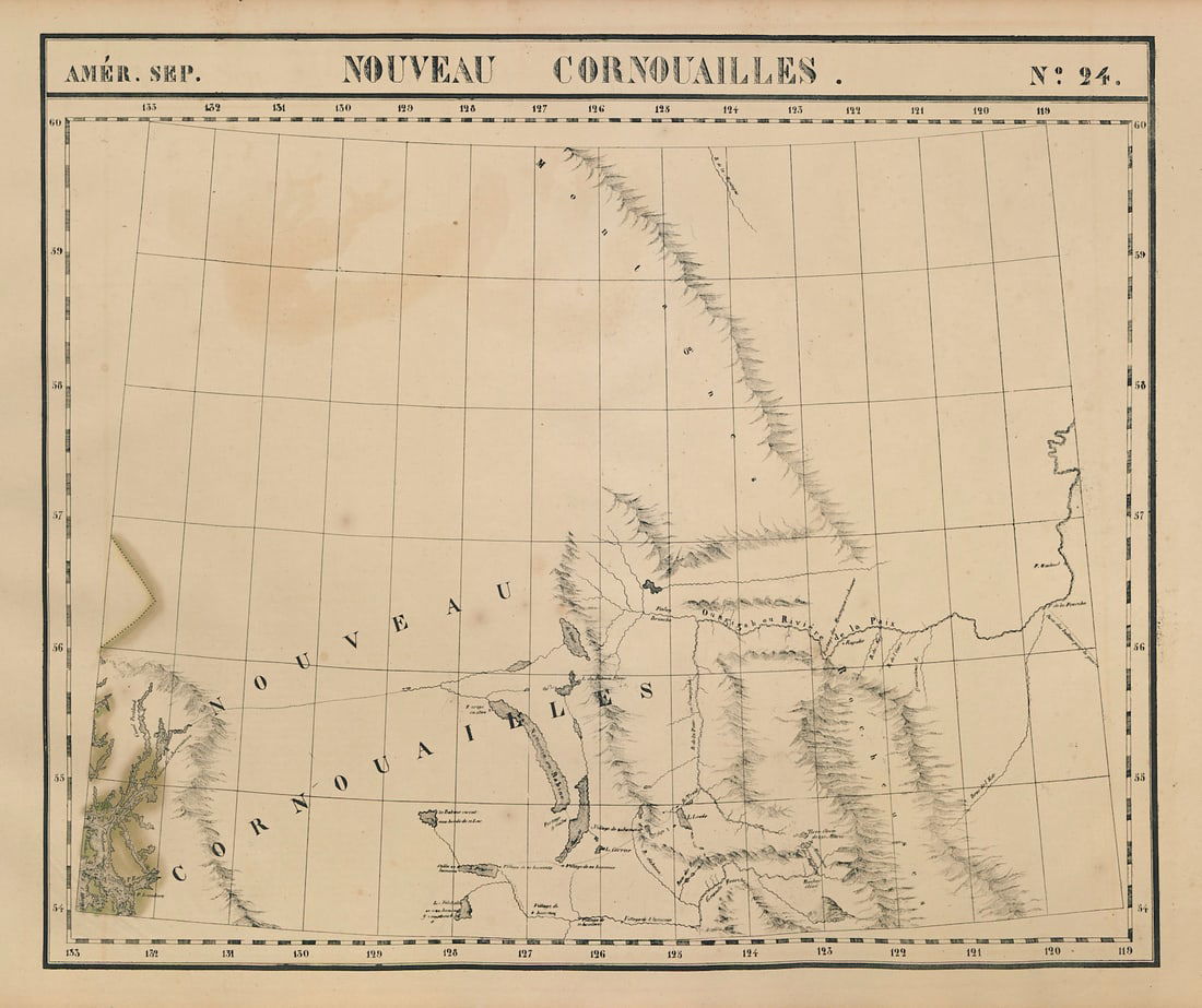 Amér. Sep. Nouveau Cornouailles #24 British Columbia North VANDERMAELEN 1827 map: Title: Amér. Sep. Nouveau Cornouailles #24 British Columbia North VANDERMAELEN 1827 map Description: Amér. Sep. - Nouveau Cornouailles - No. 24'. The map covers Northern British Columbia