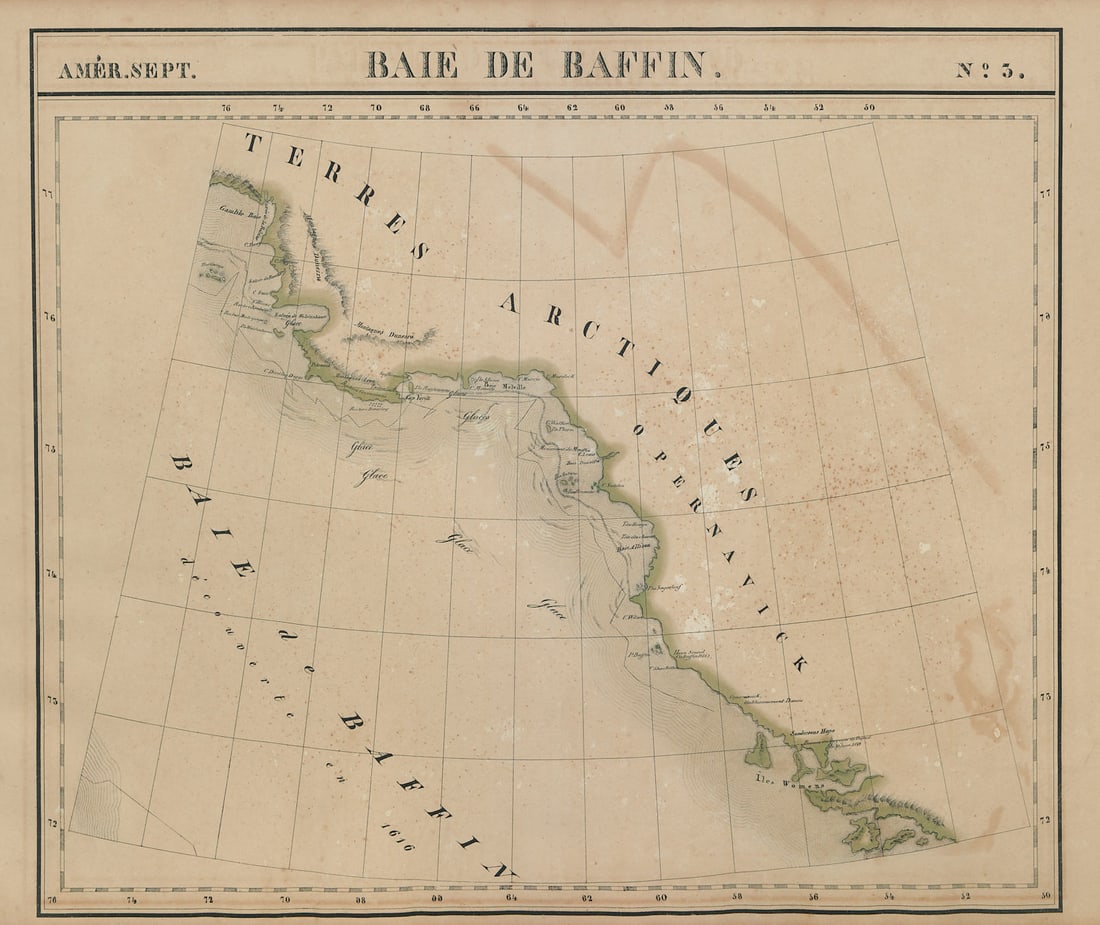 Amér. Sep. Baie de Baffin #3. Greenland. Baffin Bay. VANDERMAELEN 1827 old map: Title: Amér. Sep. Baie de Baffin #3. Greenland. Baffin Bay. VANDERMAELEN 1827 old map Description: Amér. Sep. - Baie de Baffin - No. 3'. The map shows the north west coast of Greenland and