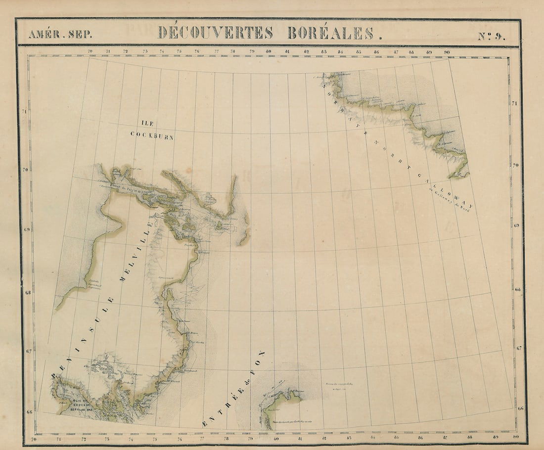 Amér. Sep. Découvertes Boréales #9. Melville Peninsula. VANDERMAELEN 1827 map: Title: Amér. Sep. Découvertes Boréales #9. Melville Peninsula. VANDERMAELEN 1827 map Description: Amér. Sep. - Découvertes Boréales - No. 9'. The map shows the Melville