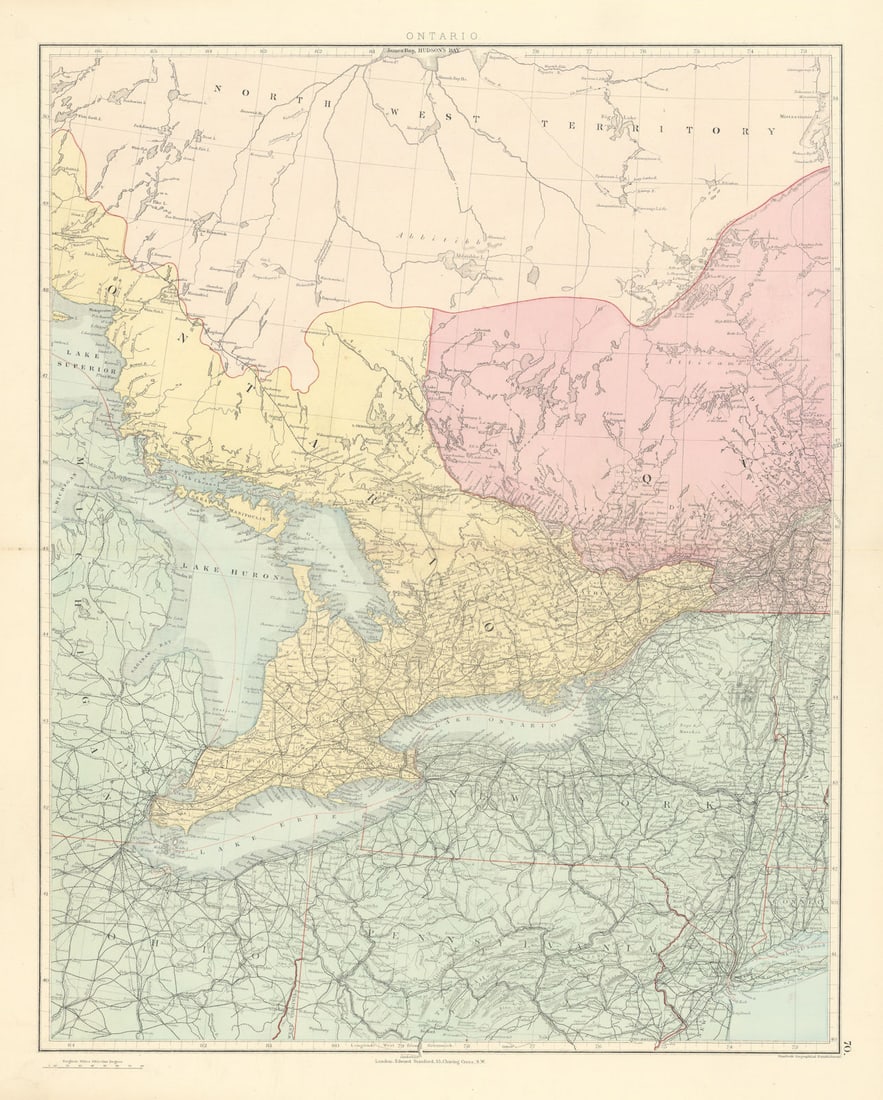 Southern Ontario. Lake Huron Erie. New York state. Great Lakes STANFORD 1887 map (1 of 1)