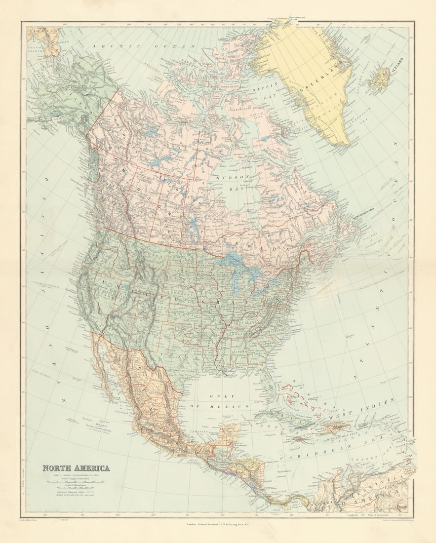 North America. United States Canada Mexico Greenland. 65x52cm STANFORD 1904 map (1 of 1)