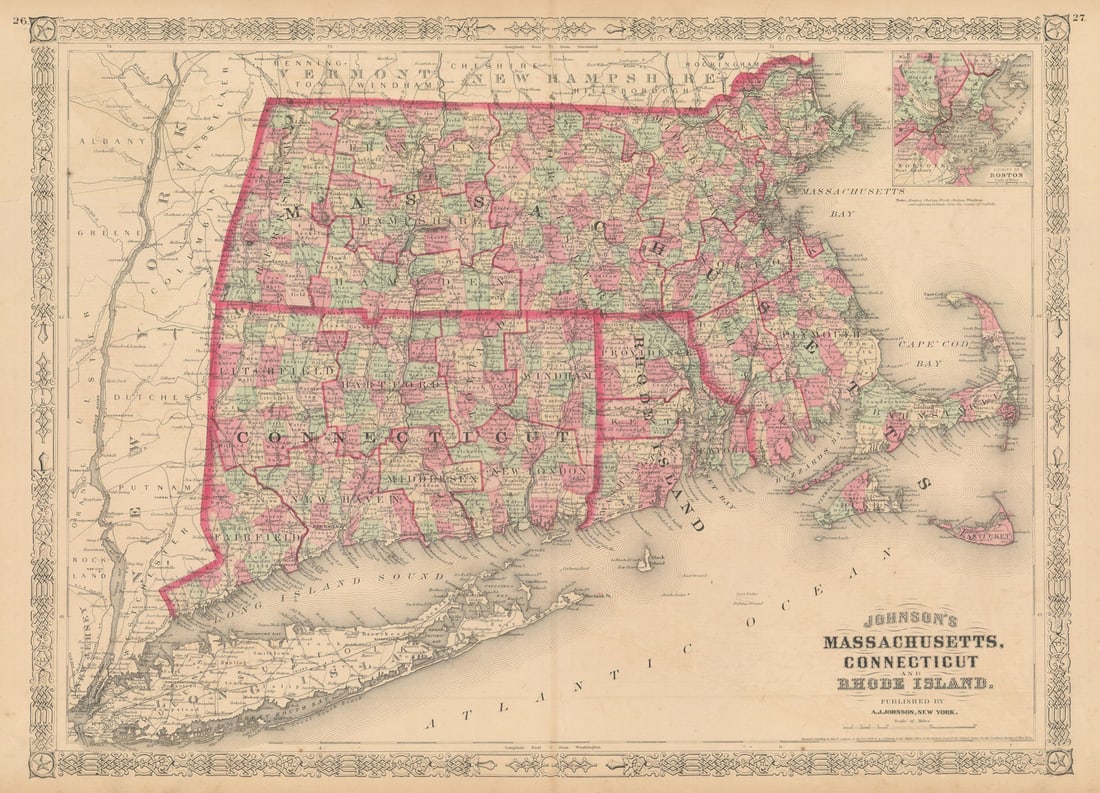 Johnson's Massachusetts, Connecticut & Rhode Island 1867 old antique map chart (1 of 1)