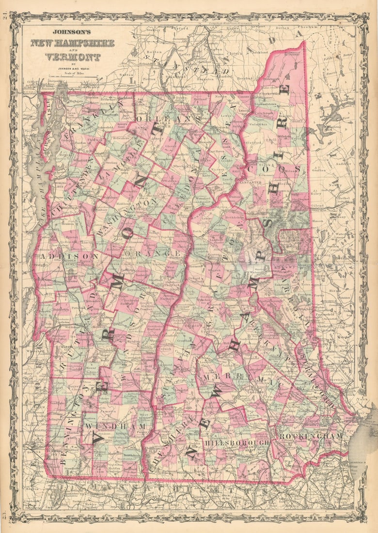 Johnson's New Hampshire & Vermont. US State map showing counties 1862 old: Title: Johnson's New Hampshire & Vermont. US State map showing counties 1862 old Description: Johnson's New Hampshire and Vermont' by Johnson, Alvin Jewett. Published 1862. Large, decorative hand colo