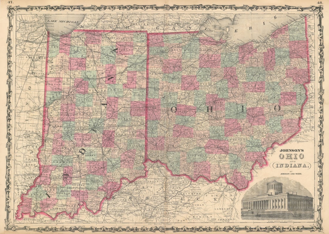 Johnson's Ohio & Indiana. US state map showing counties 1862 old antique (1 of 1)