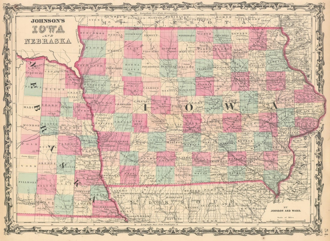 Johnson's Iowa & Nebraska. US state map showing counties 1862 old antique: Title: Johnson's Iowa & Nebraska. US state map showing counties 1862 old antique Description: Johnson's Iowa and Nebraska' by Johnson, Alvin Jewett. Published 1862. Large, decorative hand coloured 19t