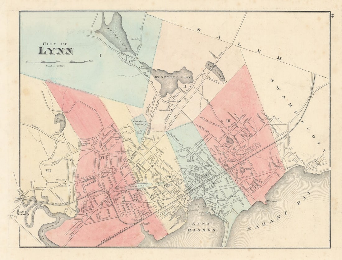 City of Lynn, Massachusetts. Town plan. WALLING & GRAY 1871 old antique map (1 of 1)
