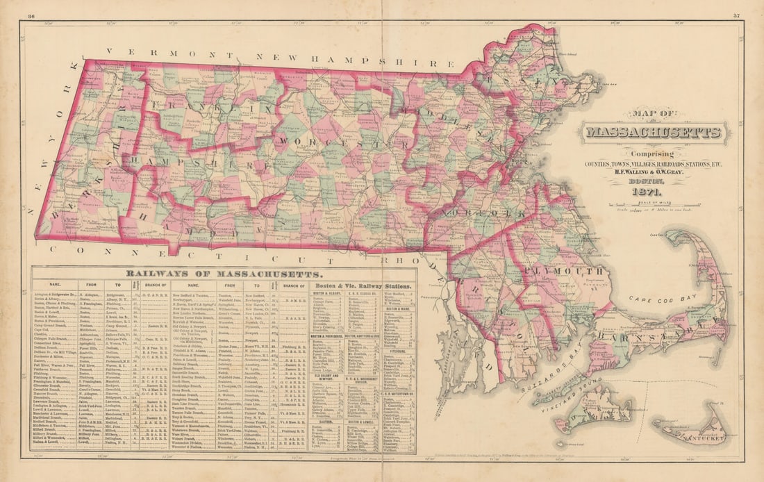 Map of Massachusetts comprising counties, towns… WALLING & GRAY 1871 old (1 of 1)