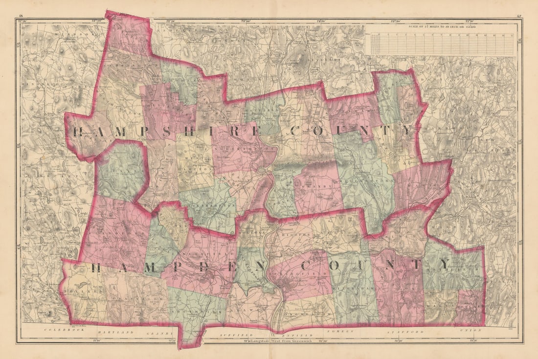 Hampshire County & Hampden County, Massachusetts. WALLING & GRAY 1871 old map (1 of 1)