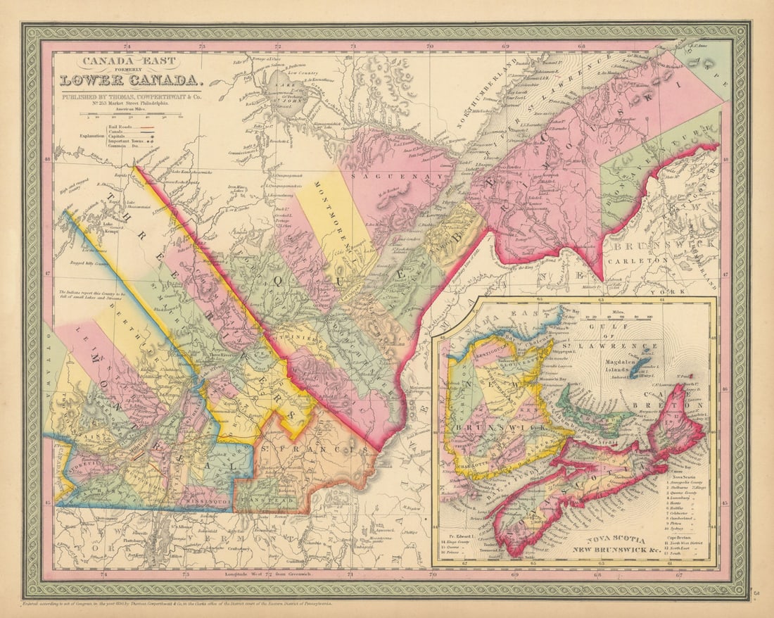 Canada East formerly Lower Canada. Nova Scotia & NB. COWPERTHWAIT 1852 old map (1 of 1)