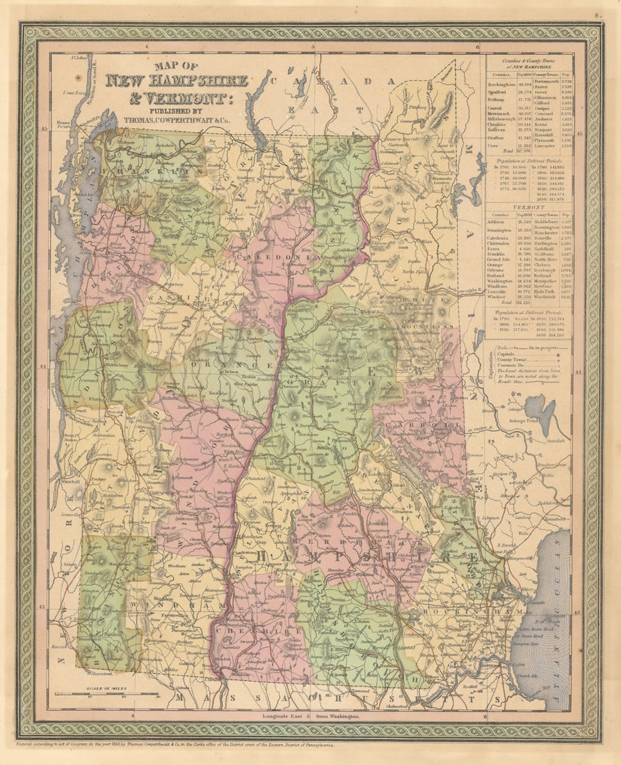 Map of New Hampshire & Vermont. State map with counties. COWPERTHWAIT 1852 (1 of 1)