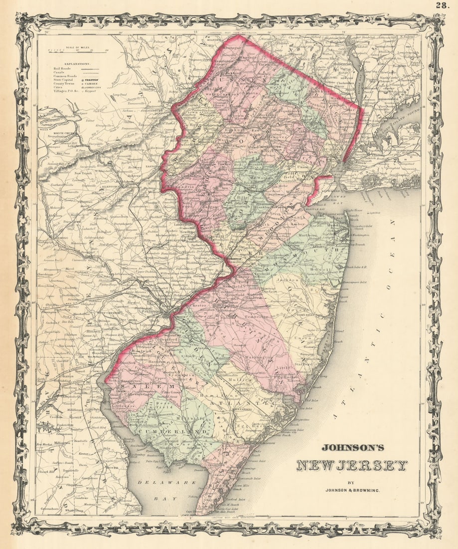 Johnson's New Jersey. US State map showing counties 1861 old antique chart: Title: Johnson's New Jersey. US State map showing counties 1861 old antique chart Description: Johnson's New Jersey' by Johnson, Alvin Jewett. Published 1861. Large, decorative hand coloured 19th cent
