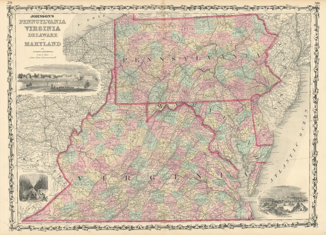 Johnson's Pennsylvania, Virginia, Delaware & Maryland. US state map 1861 (1 of 1)