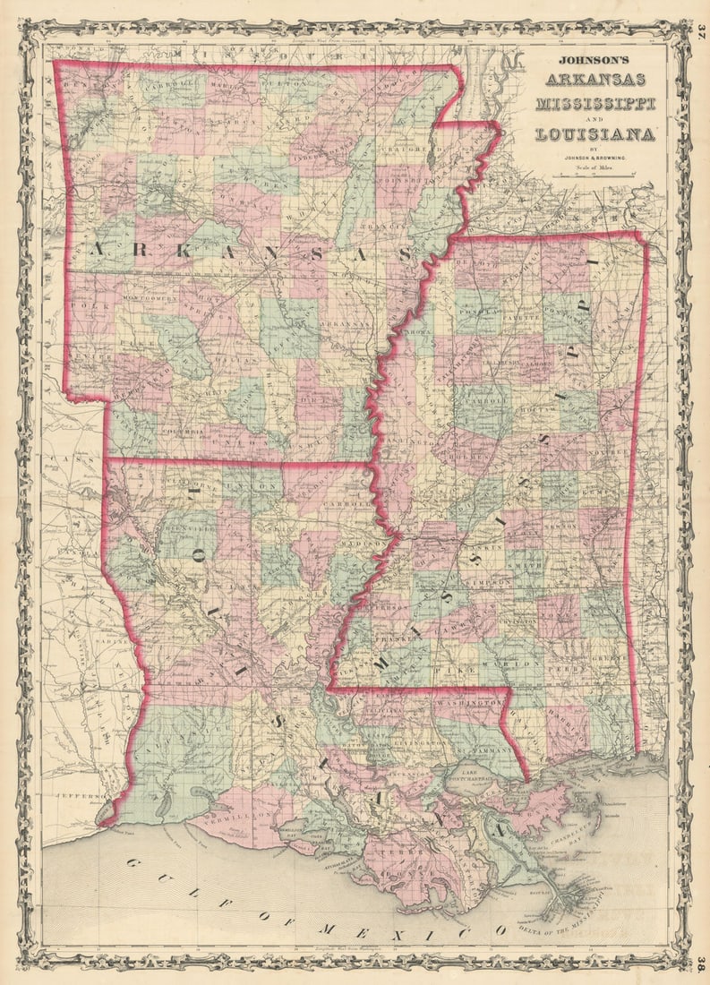 Johnson's Arkansas, Mississippi & Louisiana showing counties/parishes 1861 map (1 of 1)